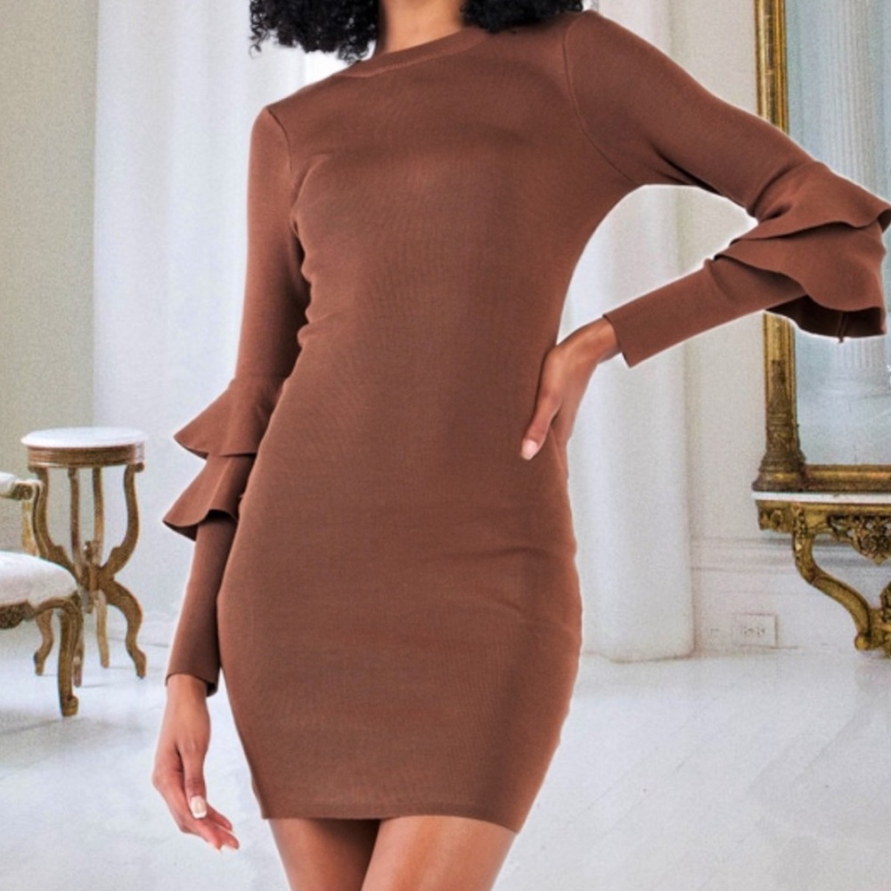 DRESS SETTLEDOWN Women's Stretch Long Sleeved Ruffled Sweater Dress In Brown M.
